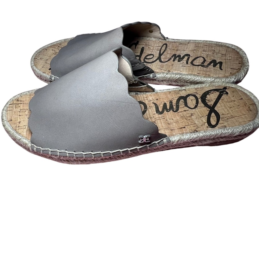 Sam Edelman Andy Grey Leather Scalloped Espadrille Slide Sandals Womens 7.5 M